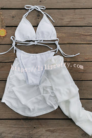 Solid Color Sexy Lace-Up Stretch Two-Piece Bikini Swimsuit and Flower Decorated Beach Mini Skirt Set