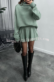 Solid Color Casual Preppy Knit Top and Knit Stretch Pleated Mini Skirt Set