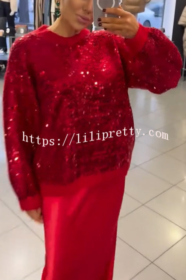 Celebration Day Sequin Patchwork Loose Sweatshirt and Satin Elastic Waist Maxi Skirt Set