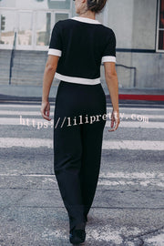 Fashionable Contrast Color Short-sleeved Button-down Top