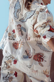 Angel Wings Denim Unique Print Button Up Long Sleeve Pocketed Relaxed Jacket