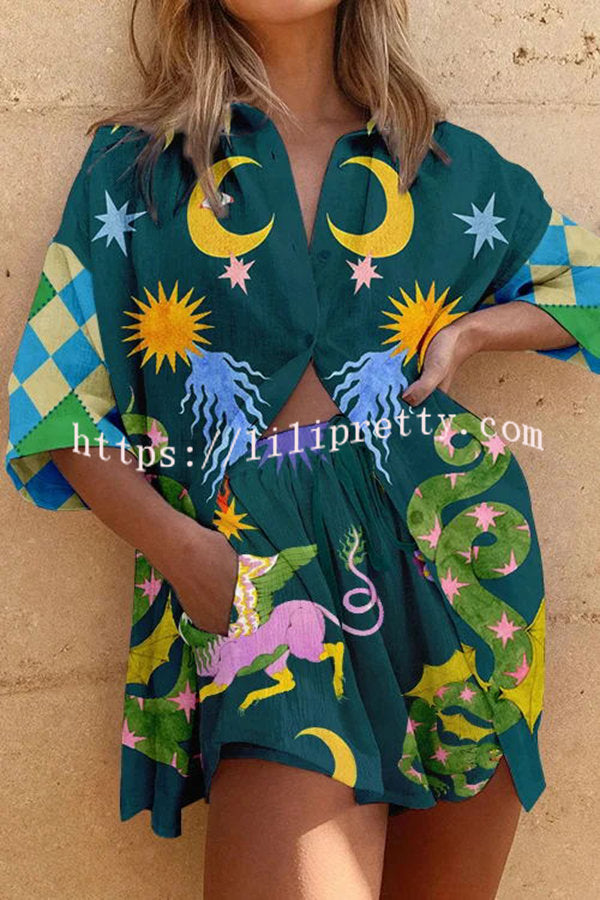 Lilipretty Summer Traveler Linen Blend Unique Print Oversized Blouse and Elastic Waist Pocketed Shorts Set