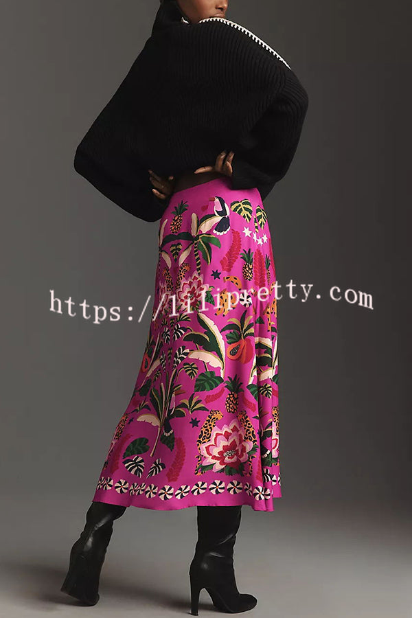 Lilipretty Creative Tropical Rainforest Unique Print High Rise Midi Skirt