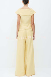 Velena Linen Blend Button Up Lapel Top and High Rise Pocket Wide Leg Pants Set