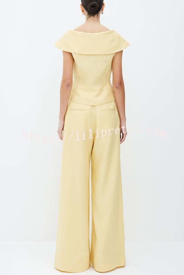 Velena Linen Blend Button Up Lapel Top and High Rise Pocket Wide Leg Pants Set