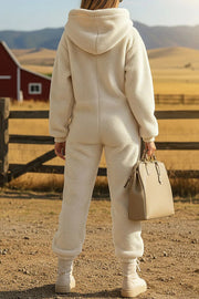 Stylish Plush Hooded Zip-up Casual Pocket Straight-leg Jumpsuit