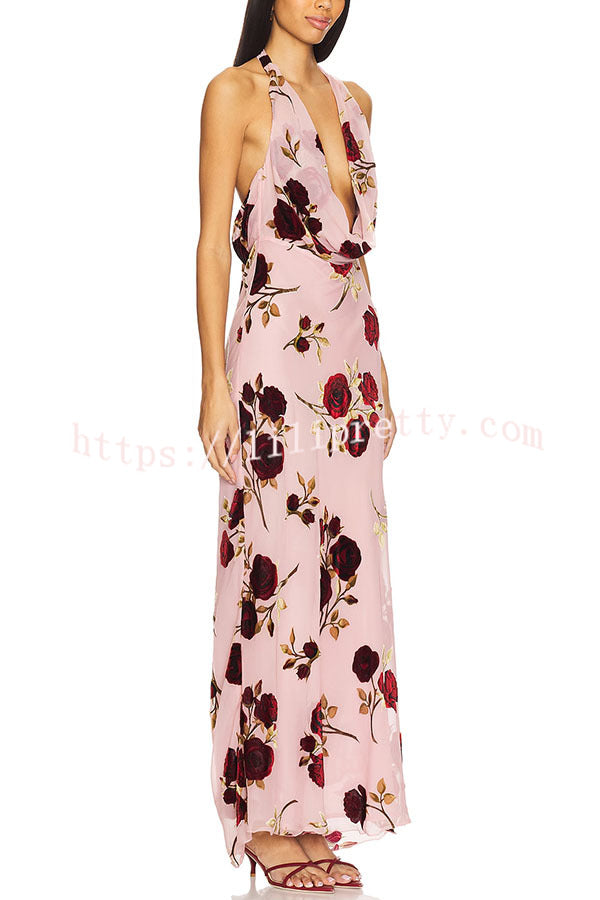 Rose Secret Printed Cowl Neck Halter Backless Maxi Dress