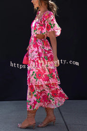 Lilipretty It's All Special Floral Cutout Waist Tiered Midi Dress