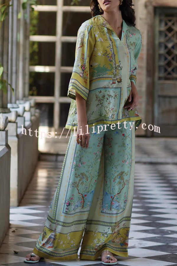 Elonie Satin Floral Print V-neck Half Sleeve Top and Elastic Waist Wide Leg Pants Set
