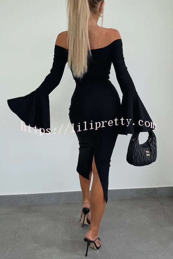 Solid Color Sexy Off-shoulder Trumpet Sleeve Slim Midi Dress