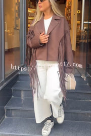 Western City Suede Long Tassels Long Sleeve Lapel Relaxed Jacket
