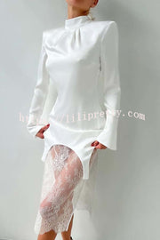 Melissa Satin High Neck Long Sleeve Curved Hem Top and Lace Midi Skirt Set