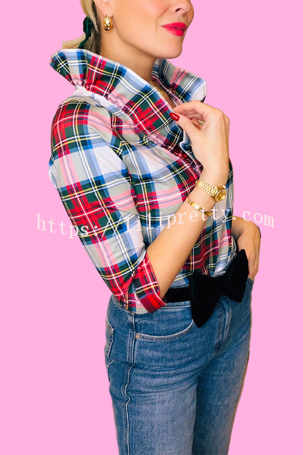 Duke of York Holiday Plaid Ruffle Stand Neck Half Sleeve Blouse