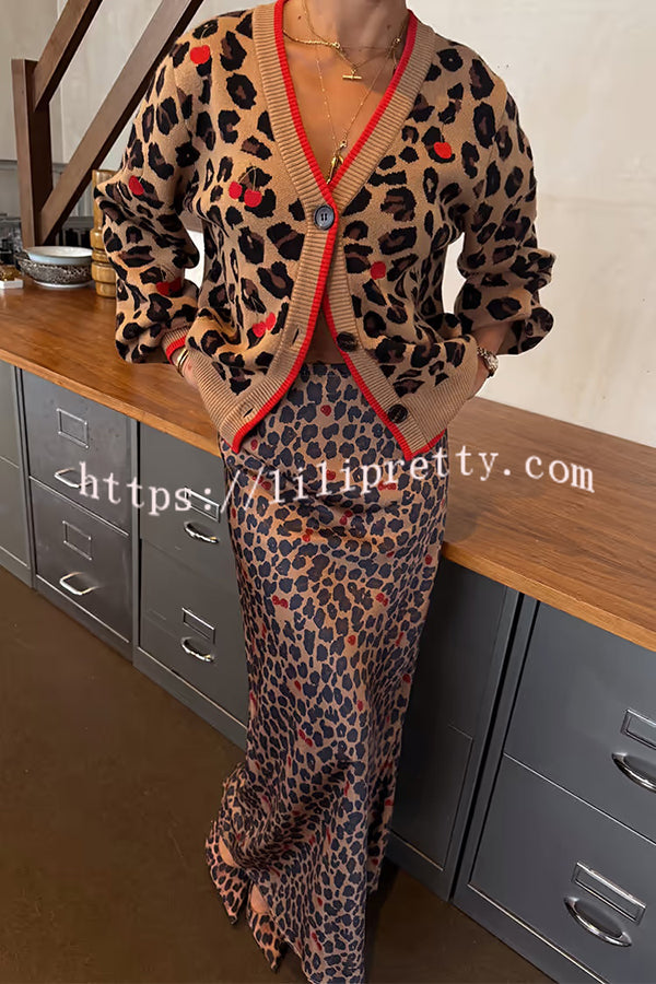 Perfect for Winter Leopard Cherry Print Knitted Button Long Sleeve Loose Cardigan