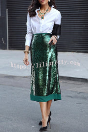 Shimmer Scene Sequin Patchwork Hem High Rise Slit Pencil Midi Skirt