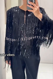 Party Crasher Layered Sequined Tassels Long Sleeve Loose Jacket