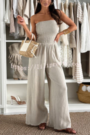 Linen Blend Solid Color Off-the-shoulder Pleated Casual Pocket Wide-leg Jumpsuit