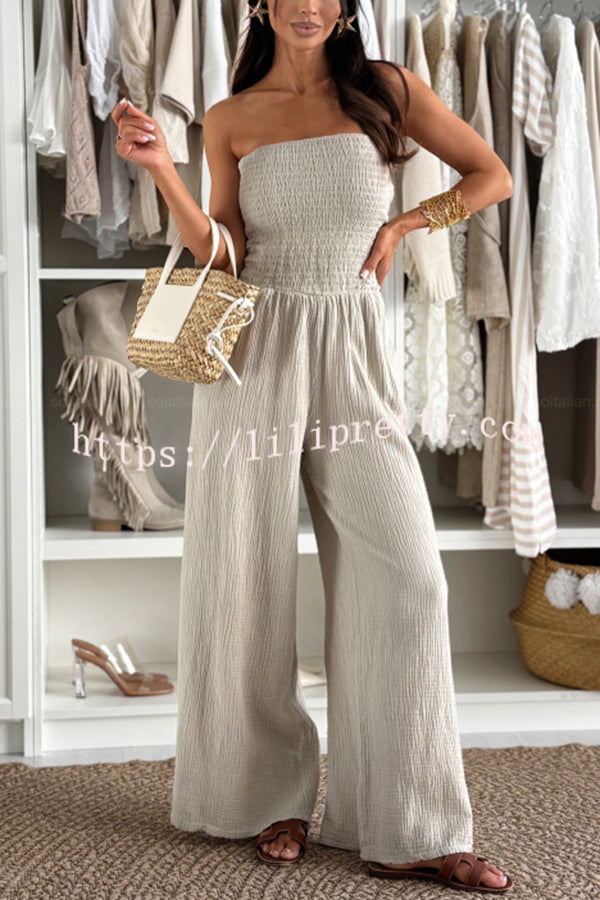 Linen Blend Solid Color Off-the-shoulder Pleated Casual Pocket Wide-leg Jumpsuit