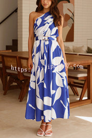 Unique Print Sleeveless One Shoulder Belted Maxi Dress