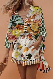 Kaori Linen Blend Tropical Fruit Oversized Blouse and Elastic Waist Pocketed Shorts Set