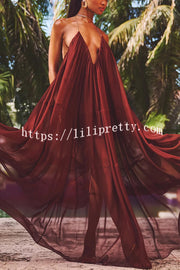 Flowing Lightweight Chiffon Chain Halter Neck Detail Backless A-line Maxi Dress