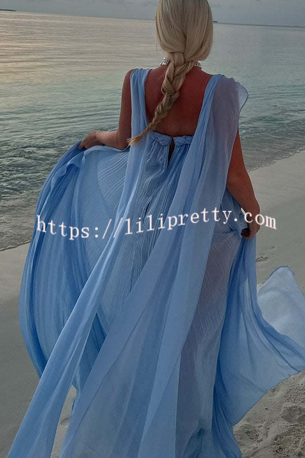 Fairy Spirit Tulle Braided Neckline Tie Arm Straps Pleated Maxi Dress