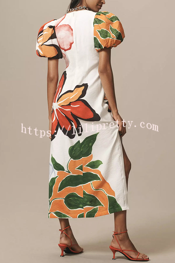 Summer Gala Floral Print Puff-Sleeve A-Line Slit Maxi Dress