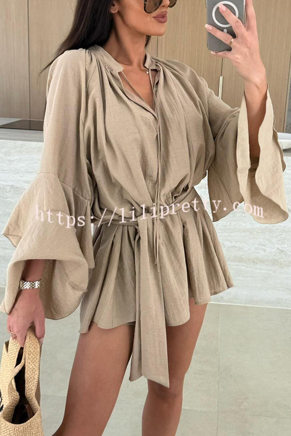 Solid Color V-neck Ruffled Long Sleeve Waist Tie Mini Dress
