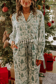 Christmas Night Satin Loose Shirt and Elastic Waist Pocketed Pajama Set
