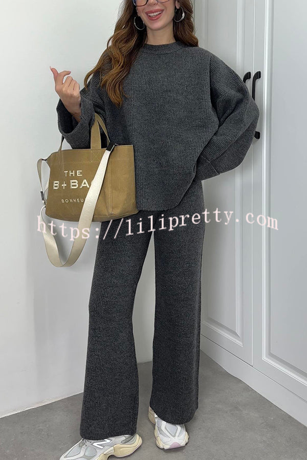 Solid Color Loose Long-sleeved Knit Top and Elastic Waist Casual Straight Leg Pants Set
