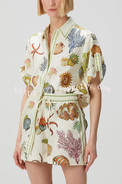 Beach Shell Print Short Sleeve Loose Shirt and Elastic Waist Tie Casual Pocket Shorts Set