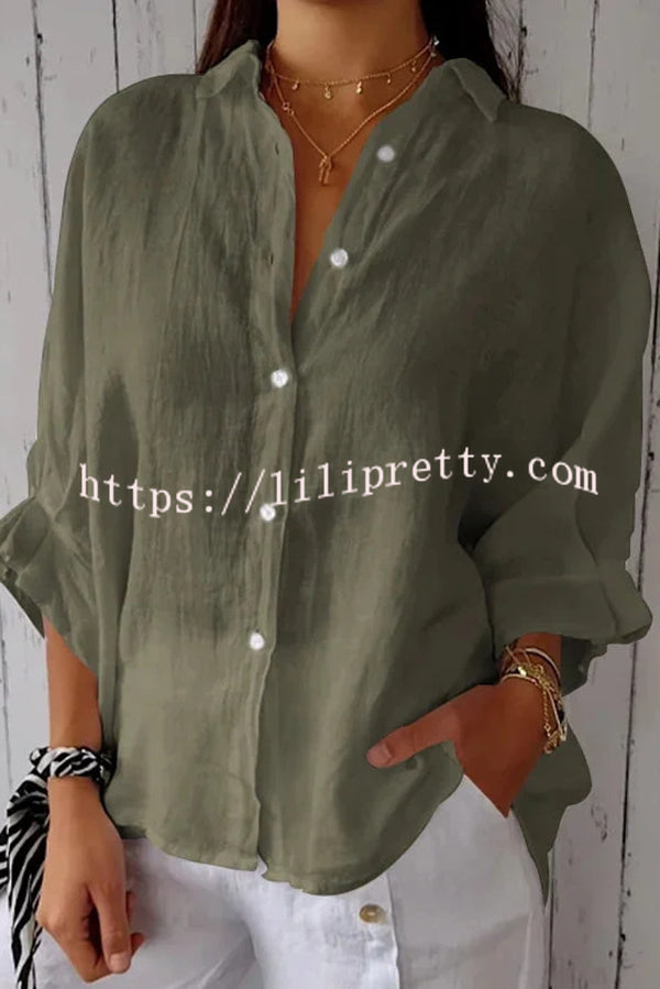 Linen Blend Solid Color Tie Back Loose Shirt Top