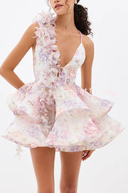 Floral Print V-neck Halter Back Tie Double Layer Mini Dress