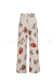 Angel Wings Denim Unique Print Mid Rise Pocket Loose Pants