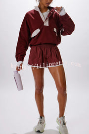 Fashion Contrast Color Stitching Stand Collar Long Sleeve Top and Elastic Waist Loose Pocket Shorts Set