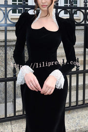 Baroque Style Velvet Lace Trim Sweetheart Neck Long Sleeve Flare Midi Dress