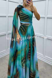 Lucia Unique Print Floral Detail One Shoulder Draped Sleeve Gown Maxi Dress