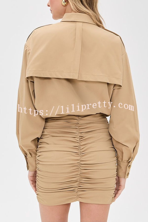 Soraya Epaulette Button Design Long Sleeve Ruched Hem Shirt Mini Dress
