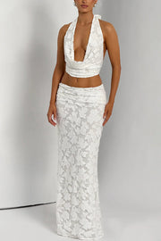 Myra Floral Burnout Jersey Fabric Halter Crop Tank and Ruched Maxi Skirt Set