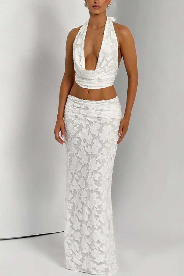Myra Floral Burnout Jersey Fabric Halter Crop Tank and Ruched Maxi Skirt Set
