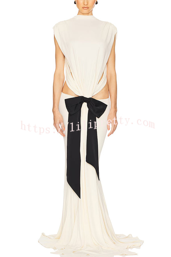 Sexy Open Back Bow Embellished Elegant Fishtail Maxi Dress