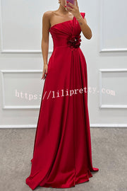 Nasha Satin Pleated One Shoulder Petal Gemstone Detail Pocket Slit Maxi Dress