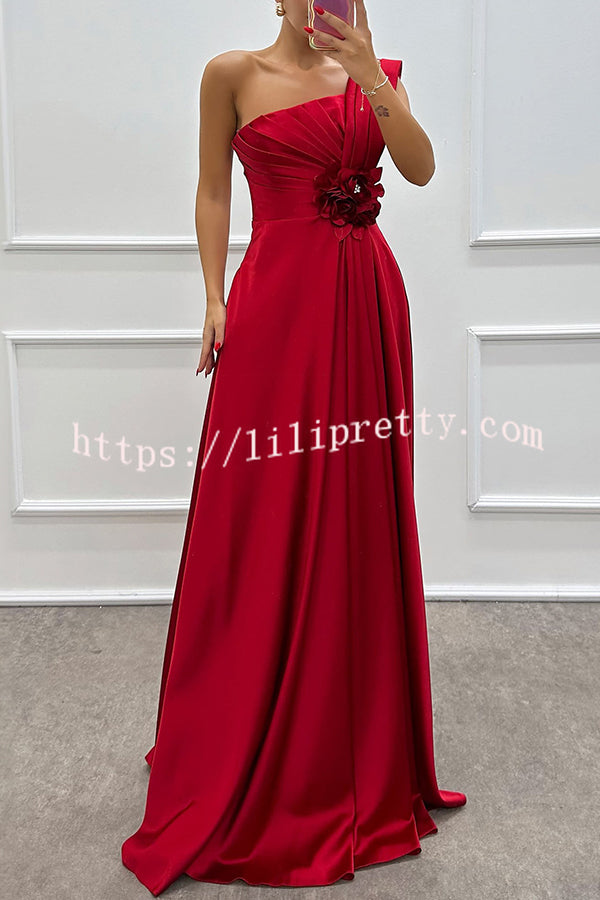 Nasha Satin Pleated One Shoulder Petal Gemstone Detail Pocket Slit Maxi Dress