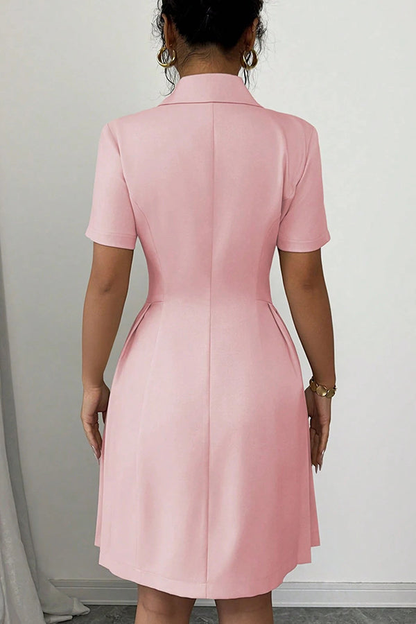 Solid Color Lapel Short Sleeve Button Waist Mini Dress