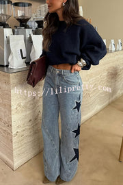 Jessy Denim Mid Rise Side Star Pattern Pocket Wide Leg Jeans