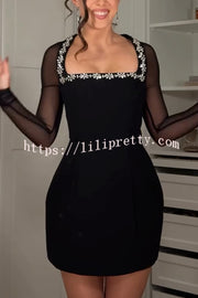 Emmey Jewel Embellished Trim Square-Neck Mesh Long Sleeve Mini Dress