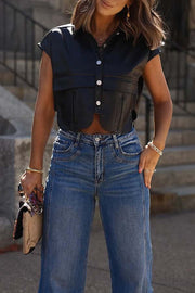 Stylish Weekend Faux Leather Button Up Cape Sleeve Pocket Crop Top