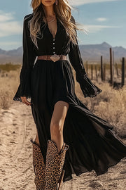 Elegant V-neck Long-sleeved Fitted Waist Slit Maxi Dress