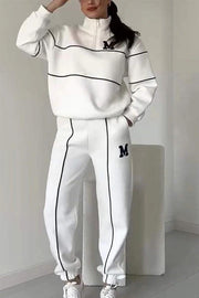 Fashionable Letter Striped Long-sleeved Sweatshirt and Elastic Waist Casual Pocket Pants Set