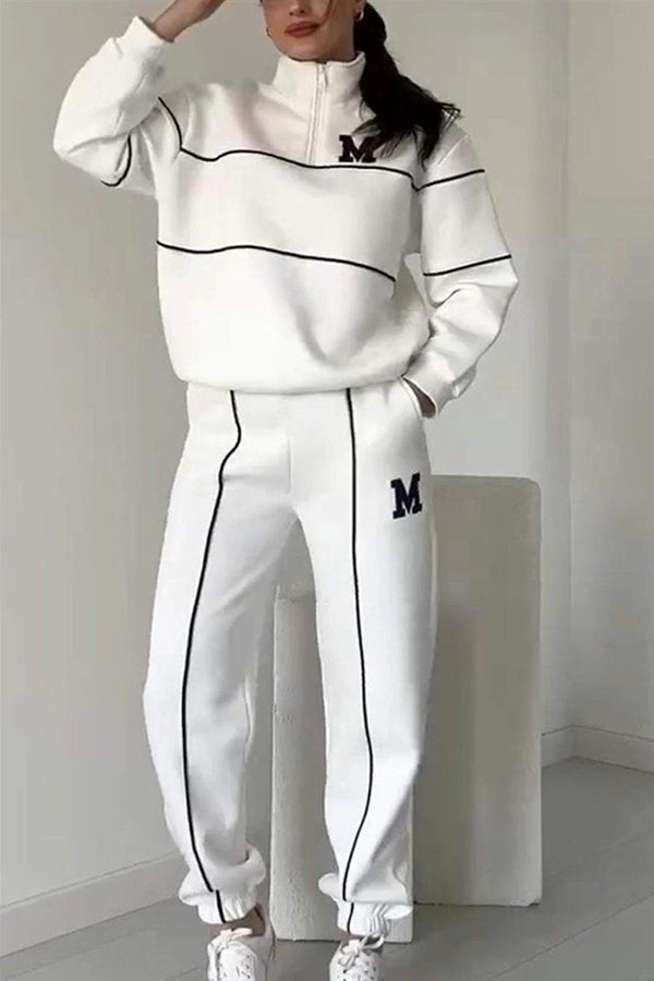 Fashionable Letter Striped Long-sleeved Sweatshirt and Elastic Waist Casual Pocket Pants Set